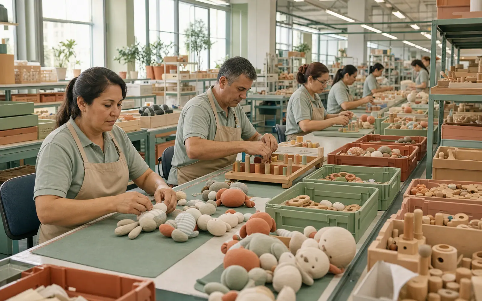Adult workers assembling baby toy components at organized BabyToyBulk production workstations