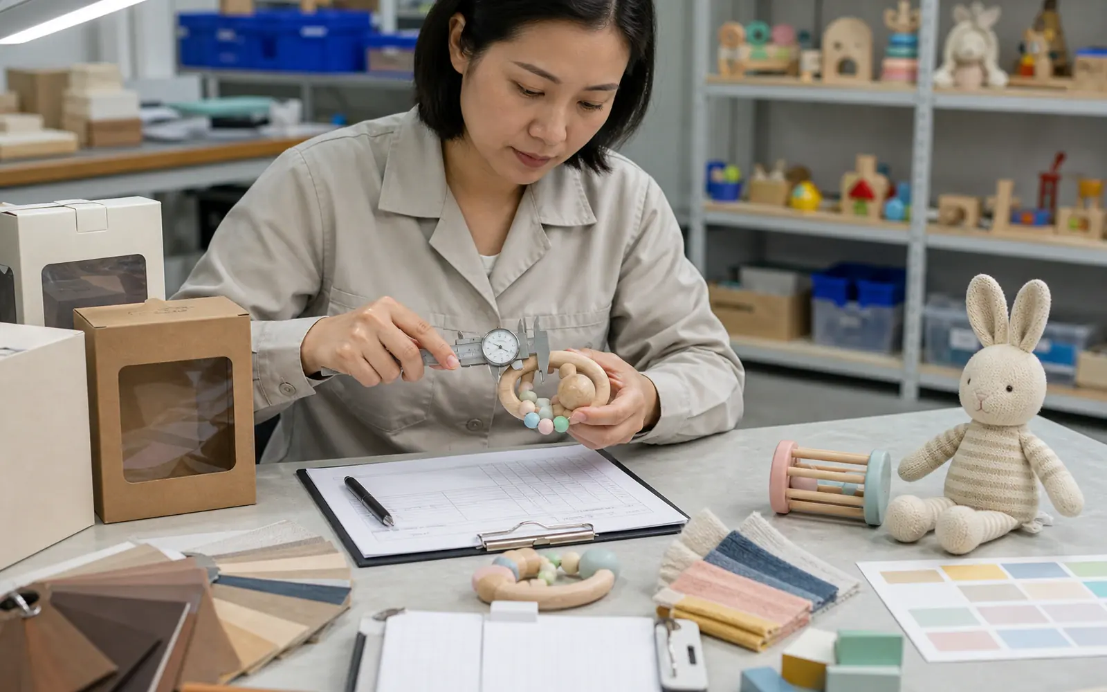 Quality reviewer checking a toy component at a workbench