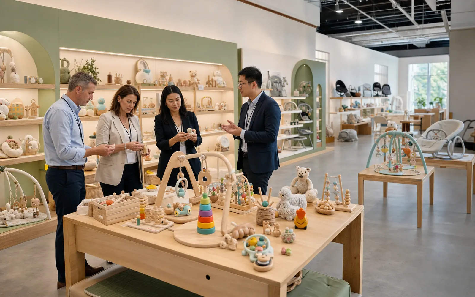 Adult buyers reviewing a broad BabyToyBulk baby toy assortment in a professional showroom
