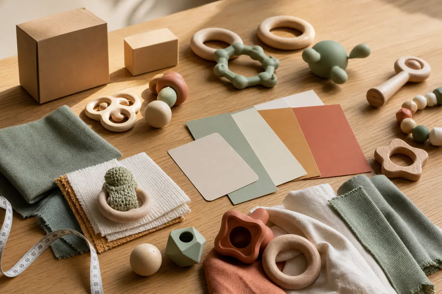 BabyToyBulk approved sample board with baby toy materials and packaging notes